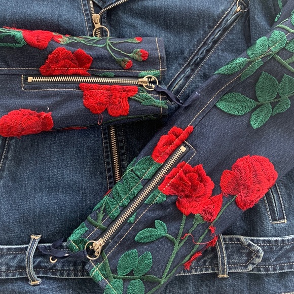 Rose Embroidered Denim Moto Jacket - Picture 4 of 9